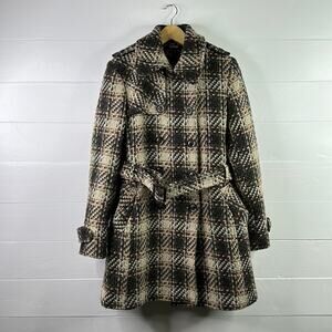DKNY Tan Cream Gray Wool‎ Double Breasted Button Up Belted Pea Coat Jacket Sz 12